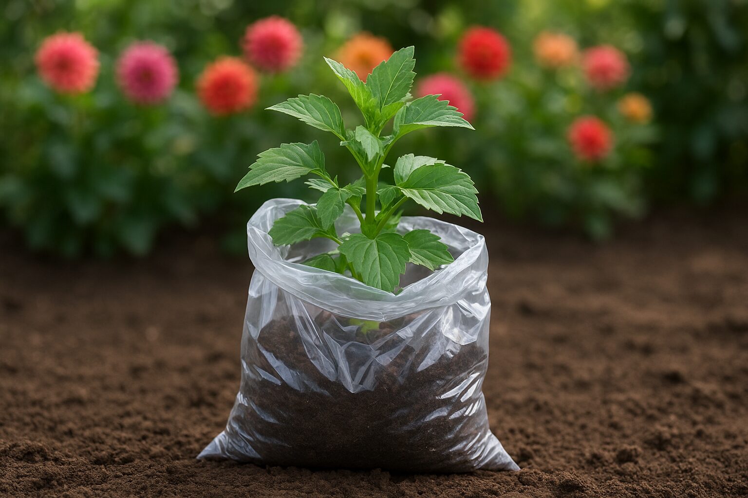 Odla dahlia i plastpåse