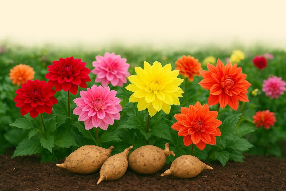 Dahlia tubers and flowers